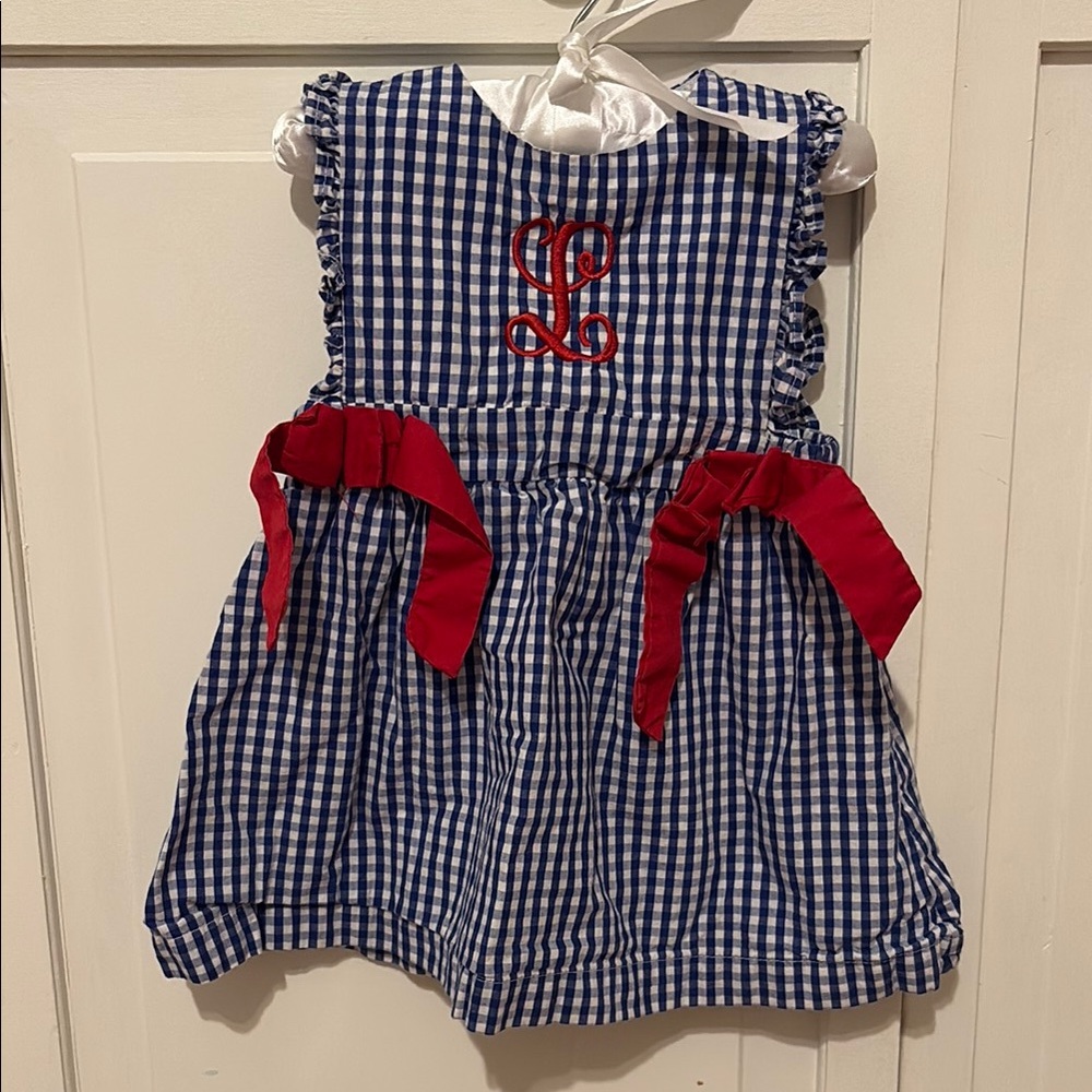 L Blue and White Gingham Dress with Red Accents
